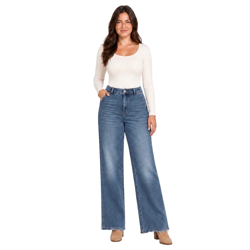Judy Blue Retro Wide Leg Jeans Medium Wash High Rise Raw Hem 18W JB82648MD-PL